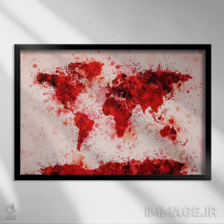 تابلو نقشه جهان با پاشش رنگ (قرمز) اثر مایکل تامپست - نمای قابدار مشکی