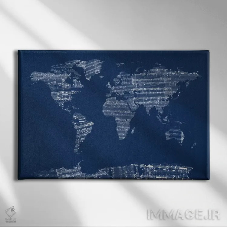 تابلو نقشه جهان با نت موسیقی (آبی) اثر مایکل تامپست - نمای روبهرو روی دیوار