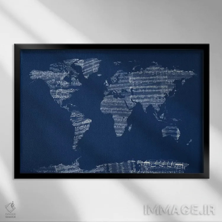 تابلو نقشه جهان با نت موسیقی (آبی) اثر مایکل تامپست - نمای قابدار مشکی