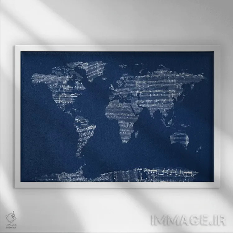 تابلو نقشه جهان با نت موسیقی (آبی) اثر مایکل تامپست - نمای قابدار سفید