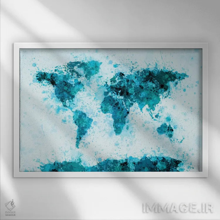 تابلو نقشه جهان با پاشش رنگ (آبی) اثر مایکل تامپست - نمای قابدار سفید