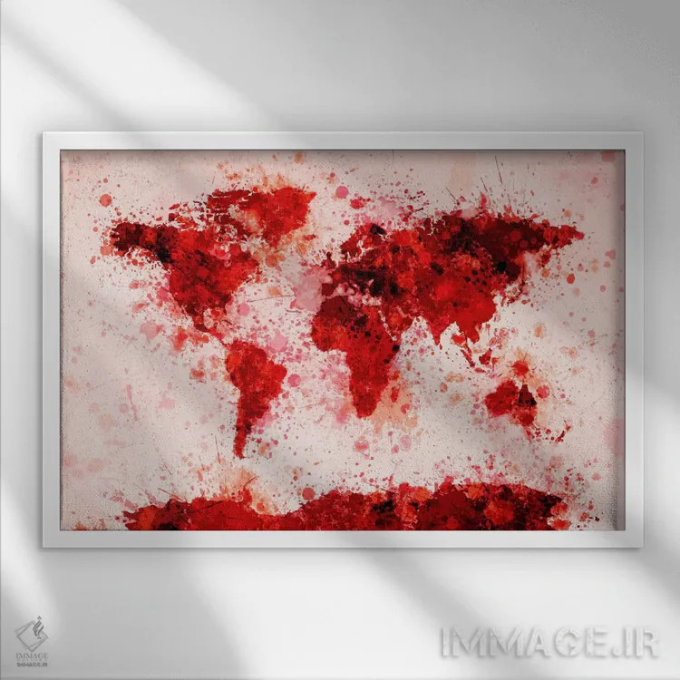 تابلو نقشه جهان با پاشش رنگ (قرمز) اثر مایکل تامپست - نمای قابدار سفید