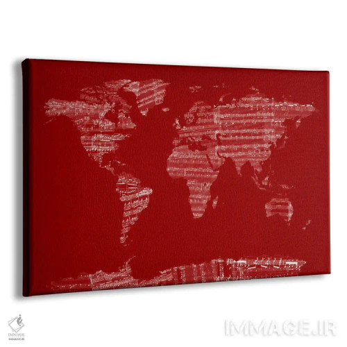 تابلو نقشه جهان با نت موسیقی (قرمز) اثر مایکل تامپست - نمای پرسپکتیو محصول