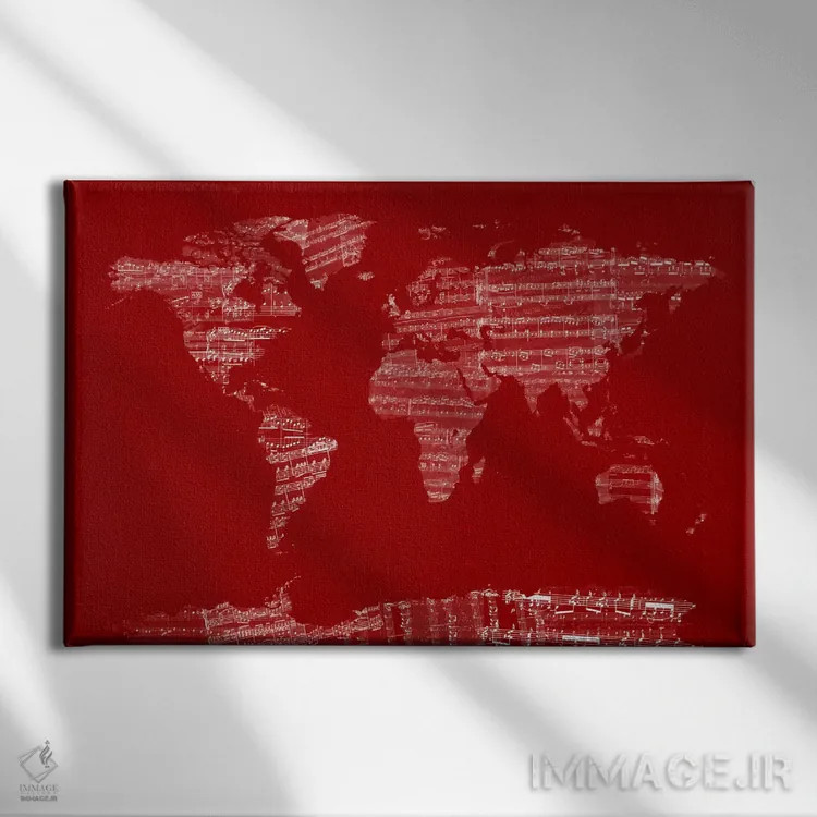 تابلو نقشه جهان با نت موسیقی (قرمز) اثر مایکل تامپست - نمای روبهرو روی دیوار
