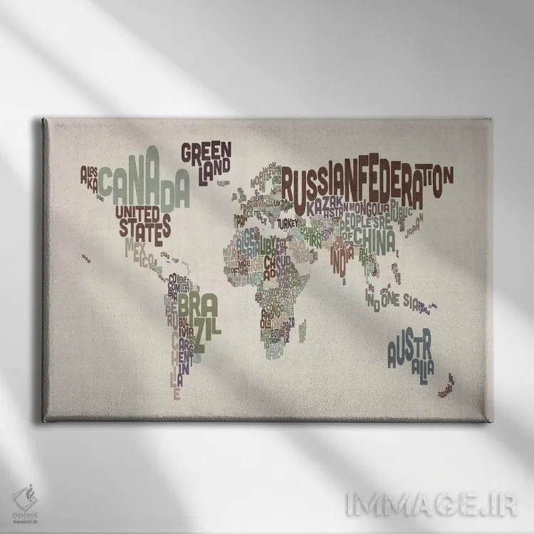 تابلو نقشه جهان تایپوگرافیک ۶ اثر مایکل تامپست - نمای روبهرو روی دیوار