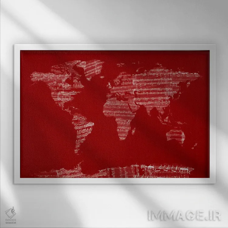 تابلو نقشه جهان با نت موسیقی (قرمز) اثر مایکل تامپست - نمای قابدار سفید