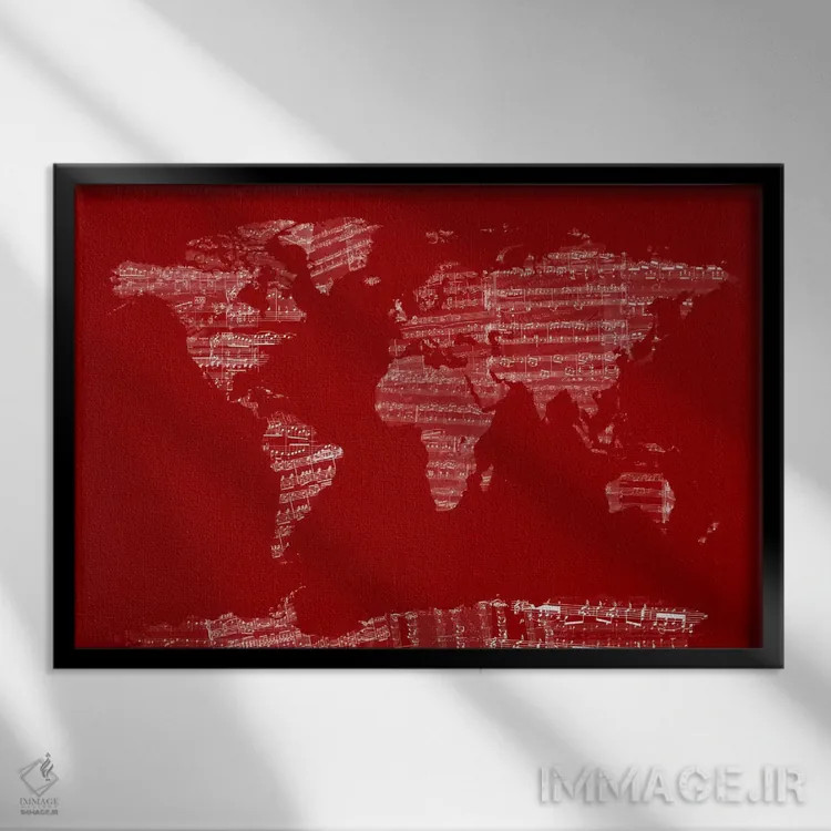 تابلو نقشه جهان با نت موسیقی (قرمز) اثر مایکل تامپست - نمای قابدار مشکی