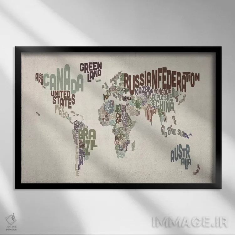 تابلو نقشه جهان تایپوگرافیک ۶ اثر مایکل تامپست - نمای قابدار مشکی