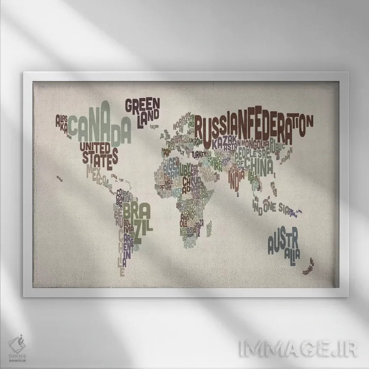 تابلو نقشه جهان تایپوگرافیک ۶ اثر مایکل تامپست - نمای قابدار سفید
