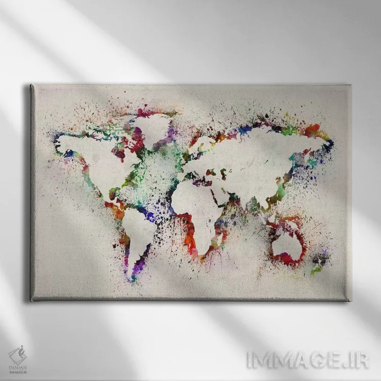 تابلو نقشه جهان با پاشش رنگ اثر مایکل تامپست - نمای روبهرو روی دیوار