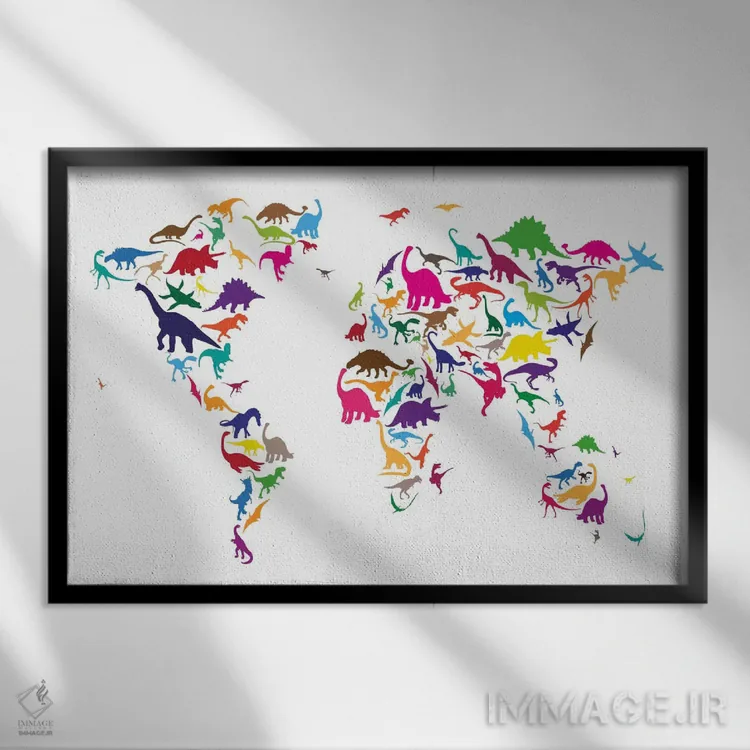 تابلو نقشه دایناسوری جهان ۲ اثر مایکل تامپست - نمای قابدار مشکی