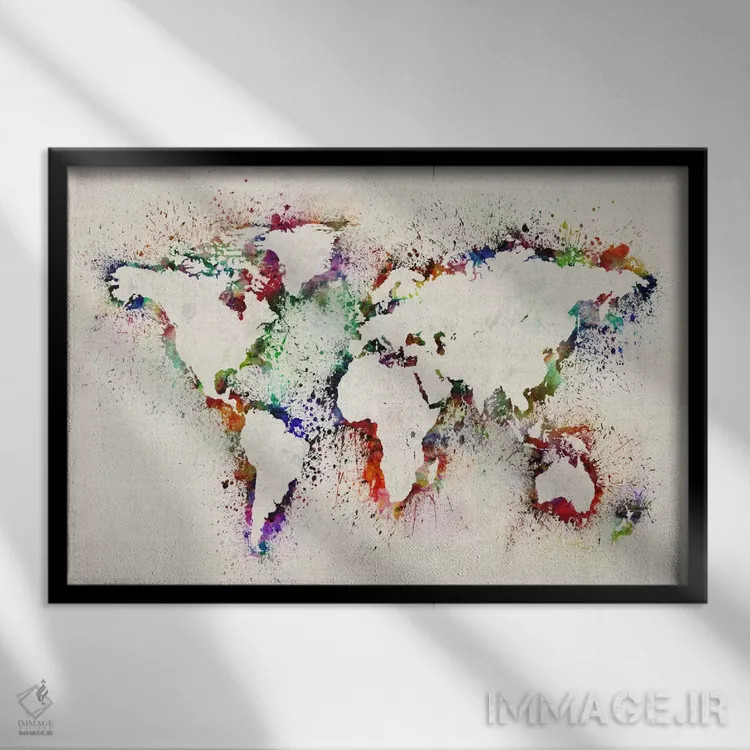 تابلو نقشه جهان با پاشش رنگ اثر مایکل تامپست - نمای قابدار مشکی