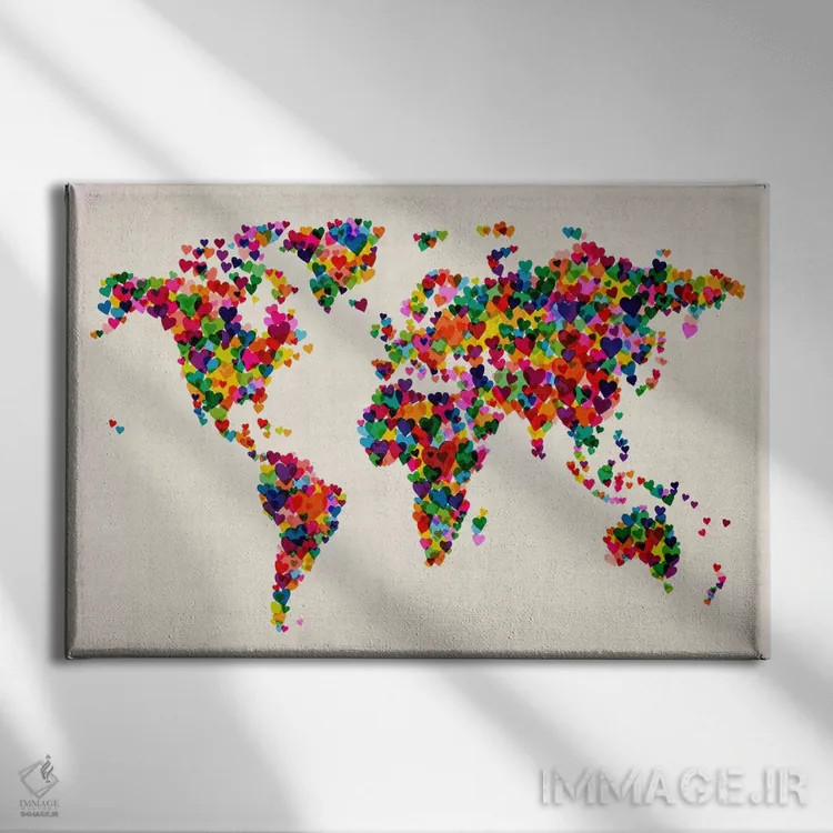 تابلو نقشه جهان قلبی (چند رنگ) ۲ اثر مایکل تامپست - نمای روبهرو روی دیوار