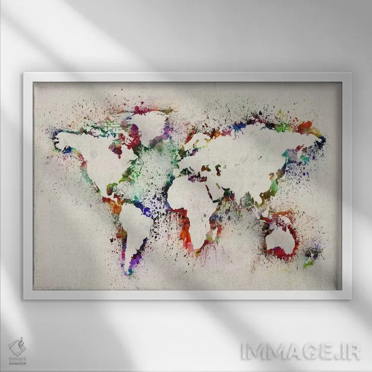 تابلو نقشه جهان با پاشش رنگ اثر مایکل تامپست - نمای قابدار سفید