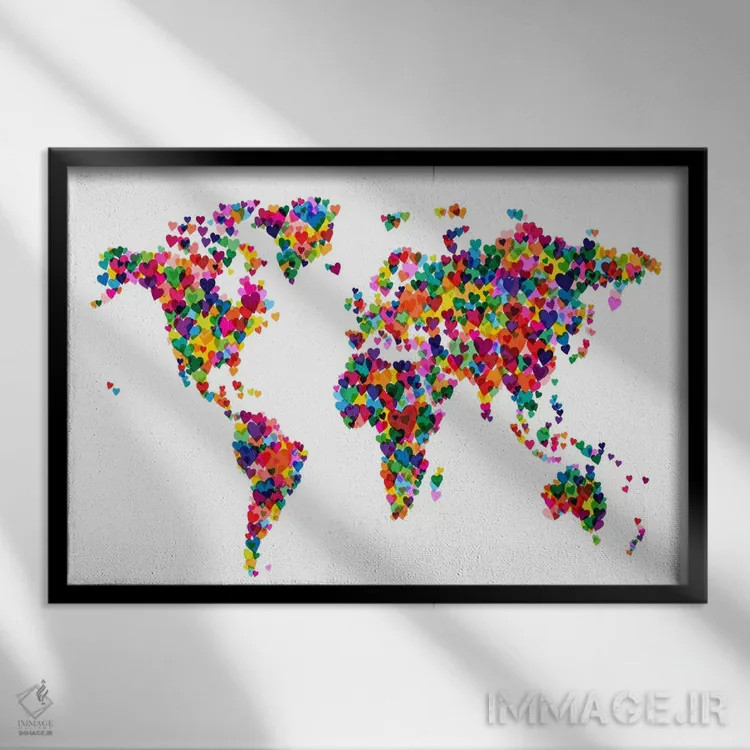 تابلو نقشه جهان قلبی (چند رنگ) اثر مایکل تامپست - نمای قابدار مشکی