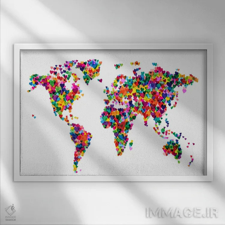 تابلو نقشه جهان قلبی (چند رنگ) اثر مایکل تامپست - نمای قابدار سفید