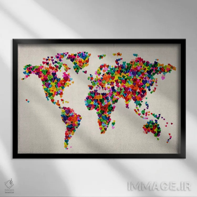تابلو نقشه جهان قلبی (چند رنگ) ۲ اثر مایکل تامپست - نمای قابدار مشکی