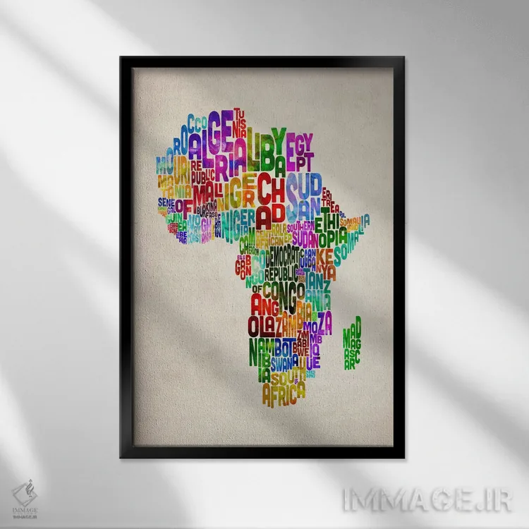 تابلو نقشه تایپوگرافیک آفریقا ۲ اثر مایکل تامپست - نمای قابدار مشکی