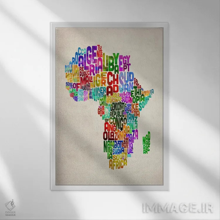 تابلو نقشه تایپوگرافیک آفریقا ۲ اثر مایکل تامپست - نمای قابدار سفید