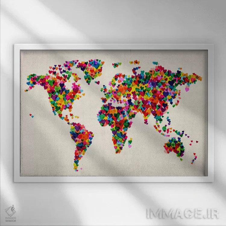 تابلو نقشه جهان قلبی (چند رنگ) ۲ اثر مایکل تامپست - نمای قابدار سفید