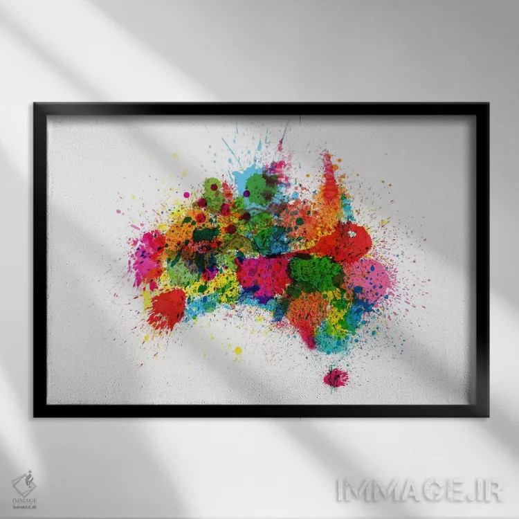 تابلو نقشه استرالیا با پاشش رنگ اثر مایکل تامپست - نمای قابدار مشکی