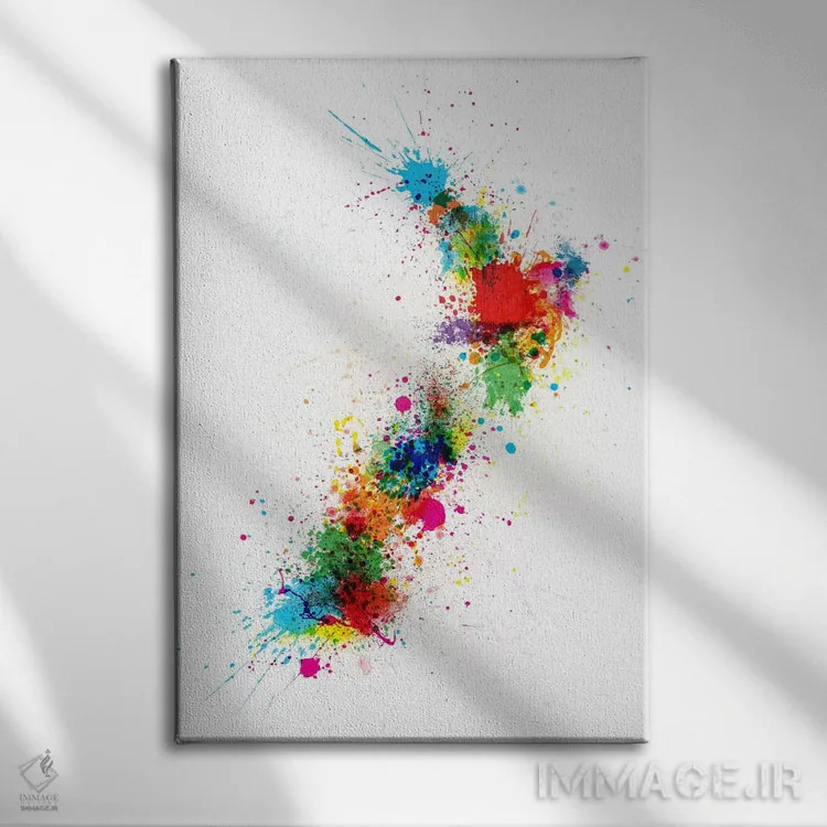 تابلو نقشه نیوزیلند با پاشش رنگ اثر مایکل تامپست - نمای روبهرو روی دیوار