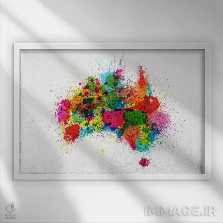 تابلو نقشه استرالیا با پاشش رنگ اثر مایکل تامپست - نمای قابدار سفید