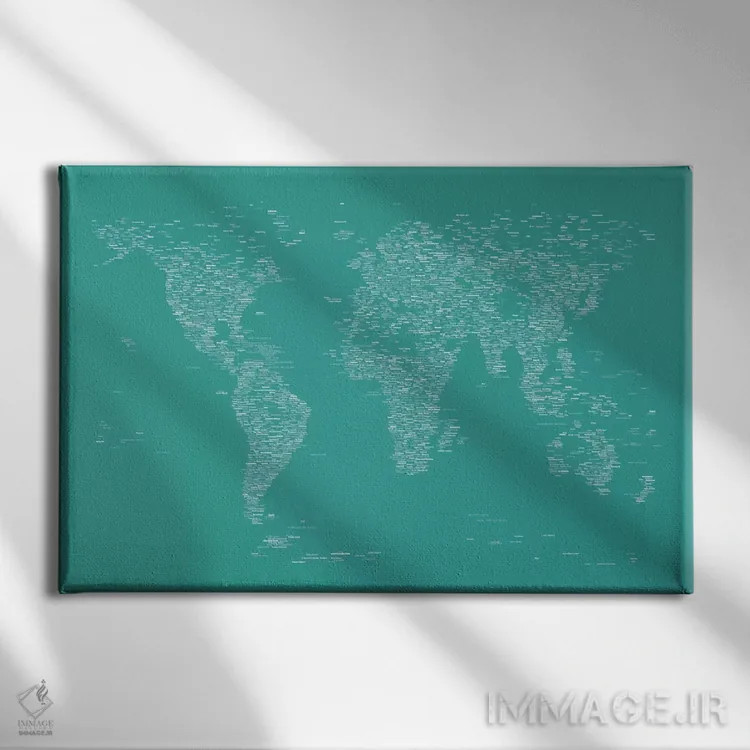 تابلو نقشه جهان با فونت (سبز) اثر مایکل تامپست - نمای روبهرو روی دیوار