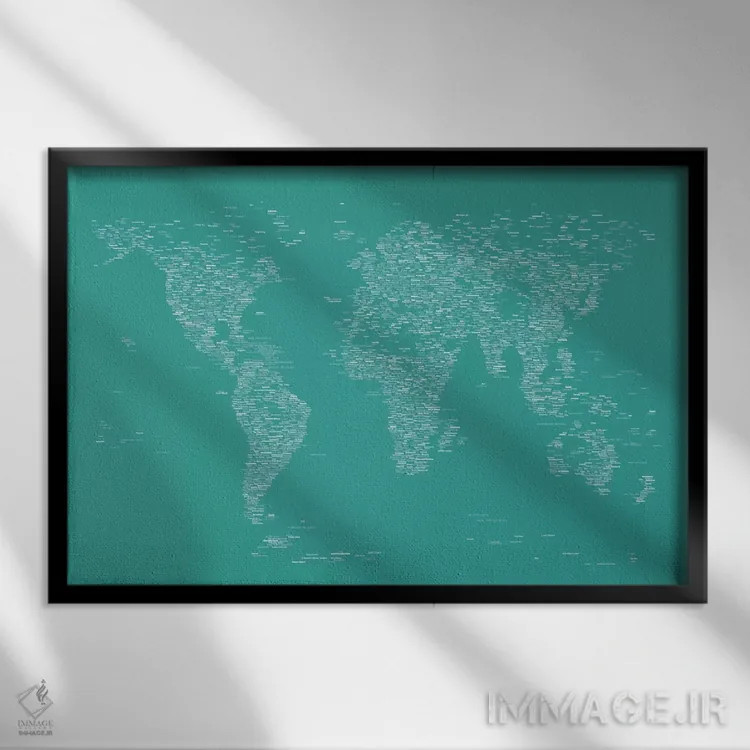 تابلو نقشه جهان با فونت (سبز) اثر مایکل تامپست - نمای قابدار مشکی