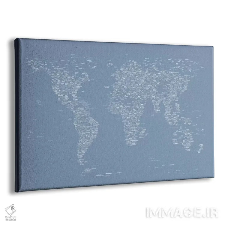 تابلو نقشه جهان با فونت (آبی روشن) اثر مایکل تامپست - نمای پرسپکتیو محصول
