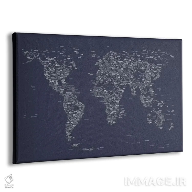 تابلو نقشه جهان با فونت (آبی نفتی) اثر مایکل تامپست - نمای پرسپکتیو محصول