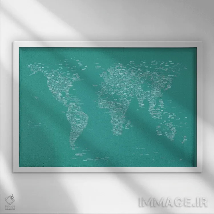 تابلو نقشه جهان با فونت (سبز) اثر مایکل تامپست - نمای قابدار سفید