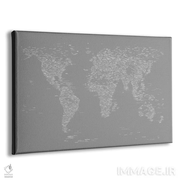 تابلو نقشه جهان با فونت (خاکستری) اثر مایکل تامپست - نمای پرسپکتیو محصول