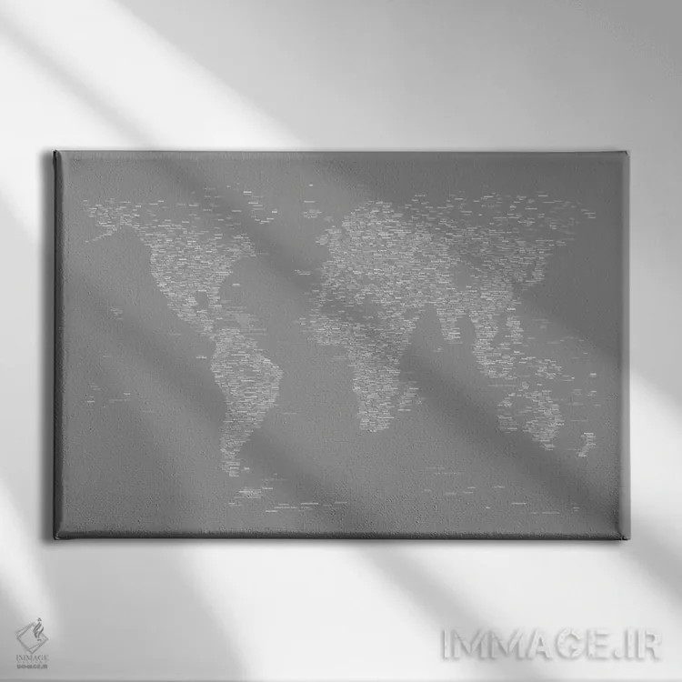 تابلو نقشه جهان با فونت (خاکستری) اثر مایکل تامپست - نمای روبهرو روی دیوار