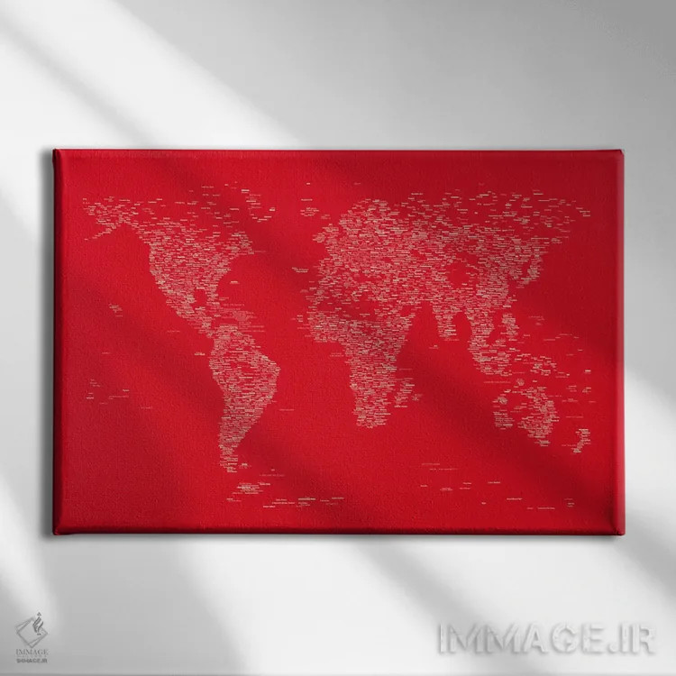 تابلو نقشه جهان با فونت (قرمز) اثر مایکل تامپست - نمای روبهرو روی دیوار