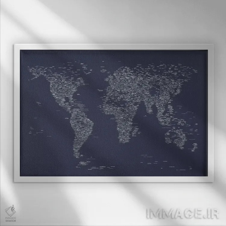 تابلو نقشه جهان با فونت (آبی نفتی) اثر مایکل تامپست - نمای قابدار سفید