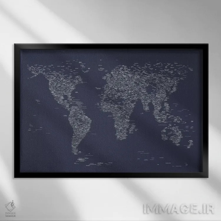 تابلو نقشه جهان با فونت (آبی نفتی) اثر مایکل تامپست - نمای قابدار مشکی