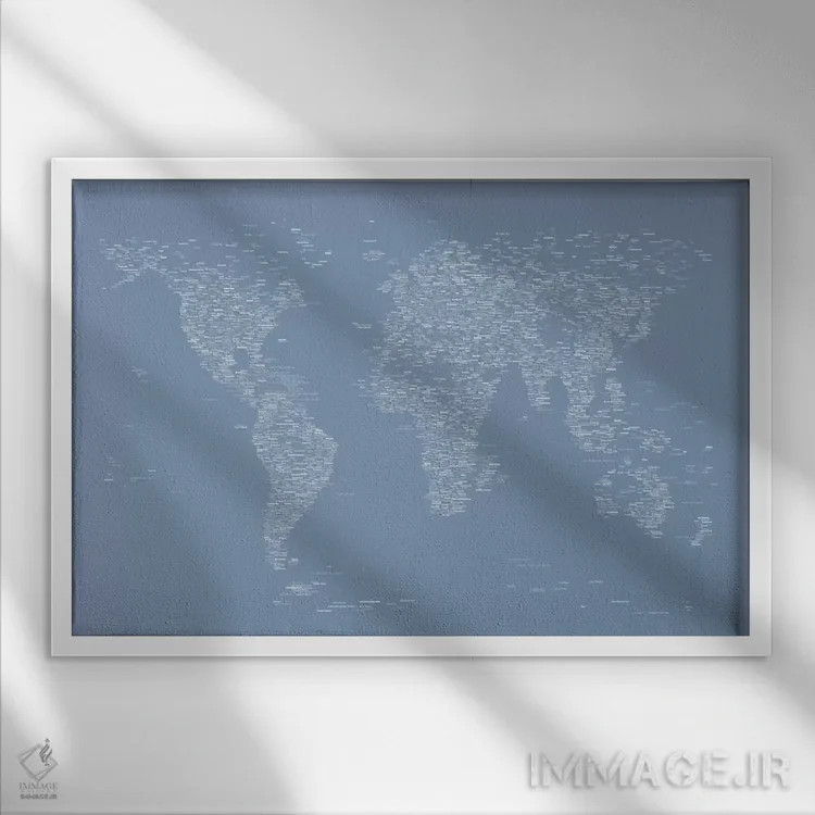 تابلو نقشه جهان با فونت (آبی روشن) اثر مایکل تامپست - نمای قابدار سفید