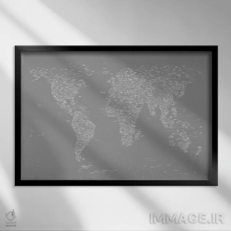 تابلو نقشه جهان با فونت (خاکستری) اثر مایکل تامپست - نمای قابدار مشکی