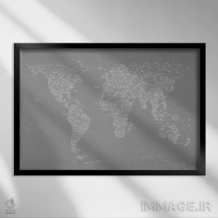 تابلو نقشه جهان با فونت (خاکستری) اثر مایکل تامپست - نمای قابدار مشکی