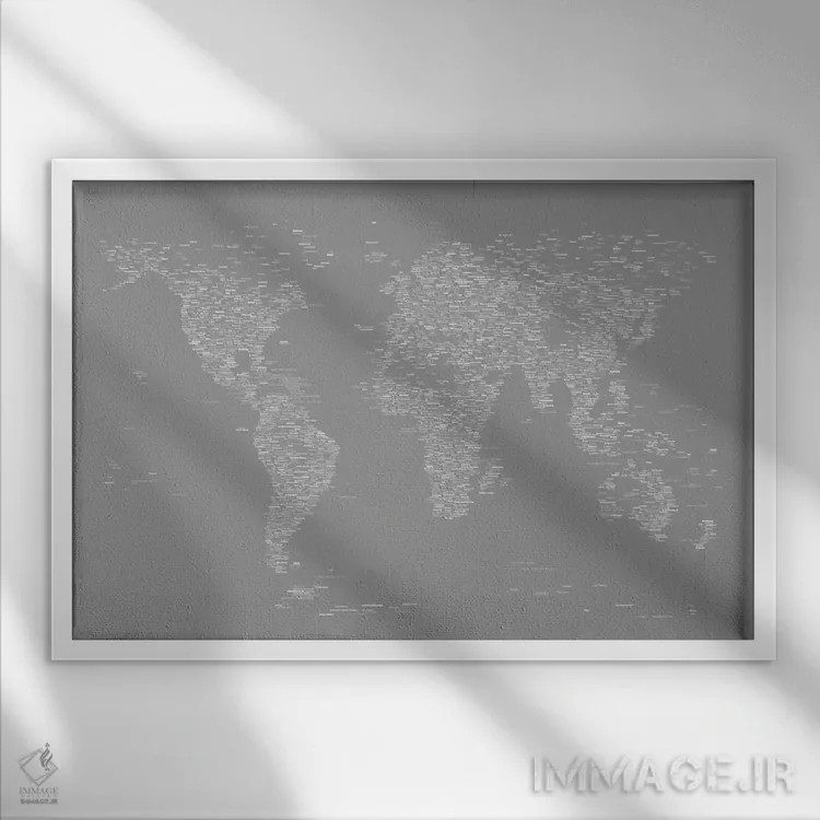 تابلو نقشه جهان با فونت (خاکستری) اثر مایکل تامپست - نمای قابدار سفید