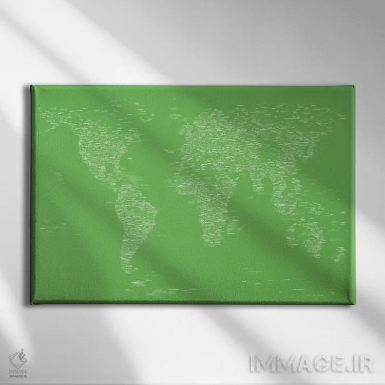 تابلو نقشه جهان با فونت (سبز روشن) اثر مایکل تامپست - نمای روبهرو روی دیوار