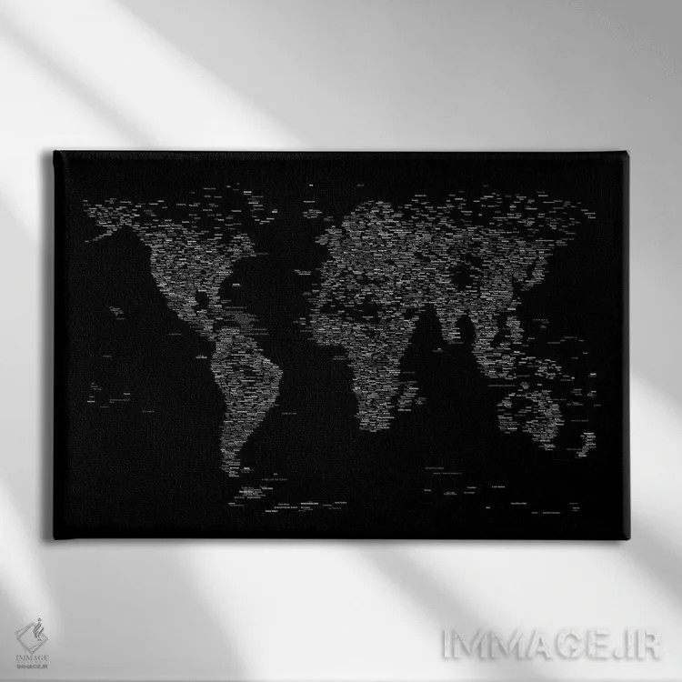 تابلو نقشه جهان با فونت (سیاه) اثر مایکل تامپست - نمای روبهرو روی دیوار