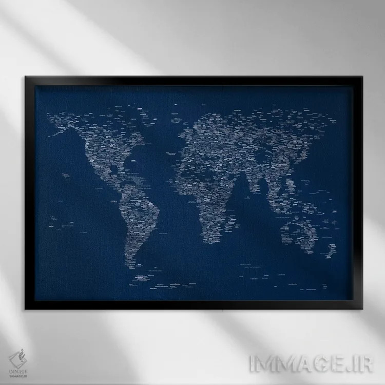 تابلو نقشه جهان با فونت (آبی) اثر مایکل تامپست - نمای قابدار مشکی