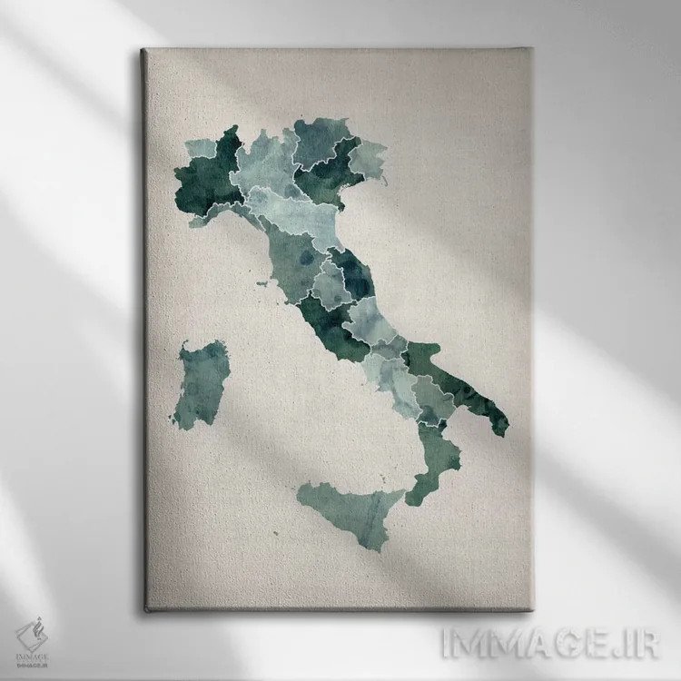 تابلو نقشه آبرنگی ایتالیا اثر مایکل تامپست - نمای روبهرو روی دیوار