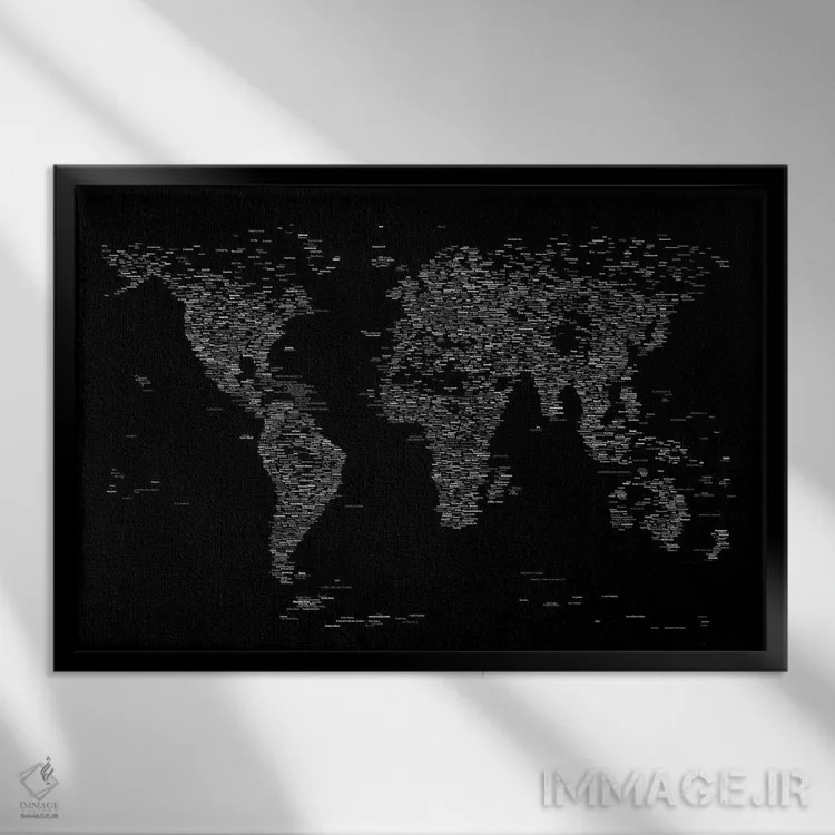 تابلو نقشه جهان با فونت (سیاه) اثر مایکل تامپست - نمای قابدار مشکی