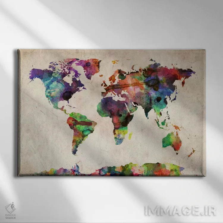 تابلو نقشه جهان آبرنگ شهری ۲ اثر مایکل تامپست - نمای روبهرو روی دیوار