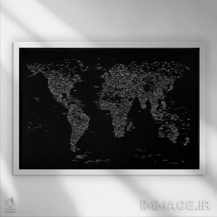 تابلو نقشه جهان با فونت (سیاه) اثر مایکل تامپست - نمای قابدار سفید