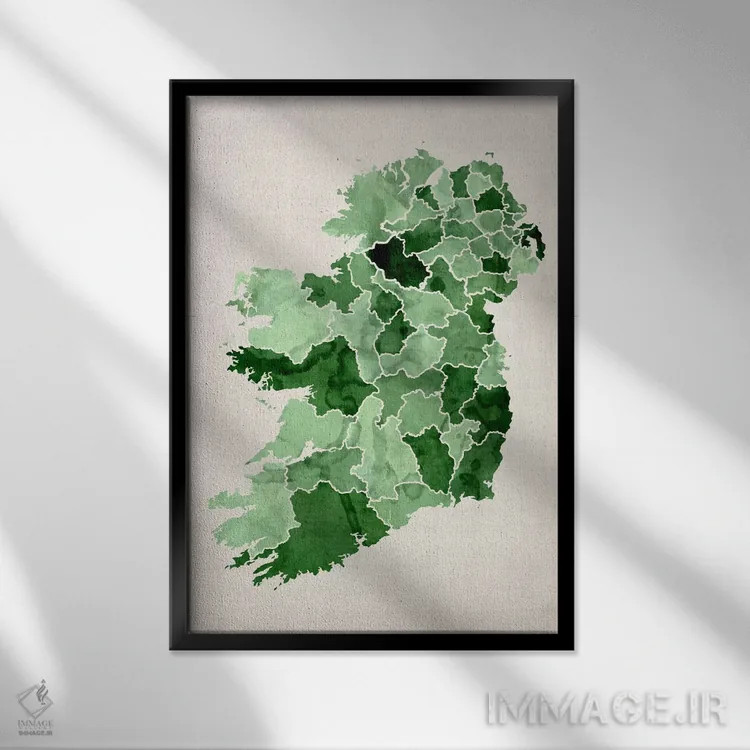 تابلو نقشه آبرنگی ایرلند اثر مایکل تامپست - نمای قابدار مشکی