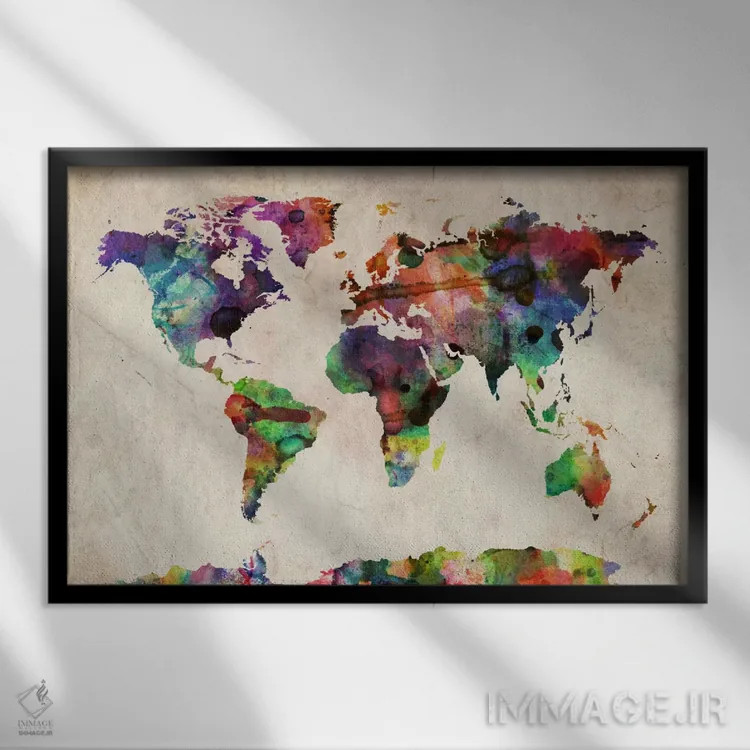تابلو نقشه جهان آبرنگ شهری ۲ اثر مایکل تامپست - نمای قابدار مشکی